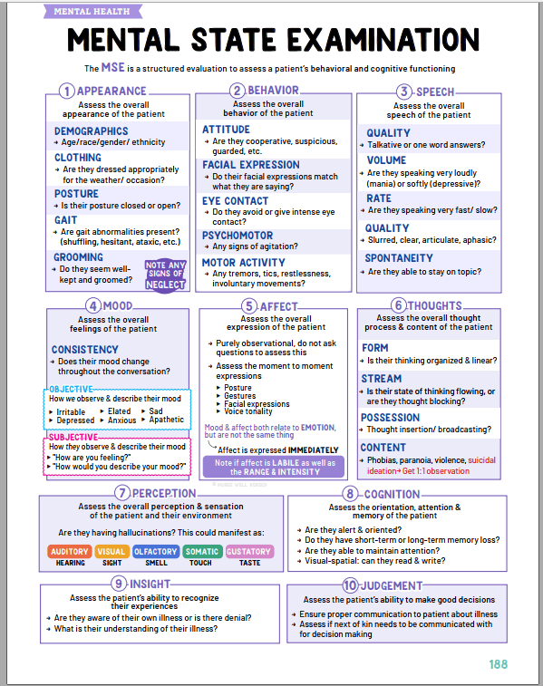 Mental State Examination MSE components infographic
