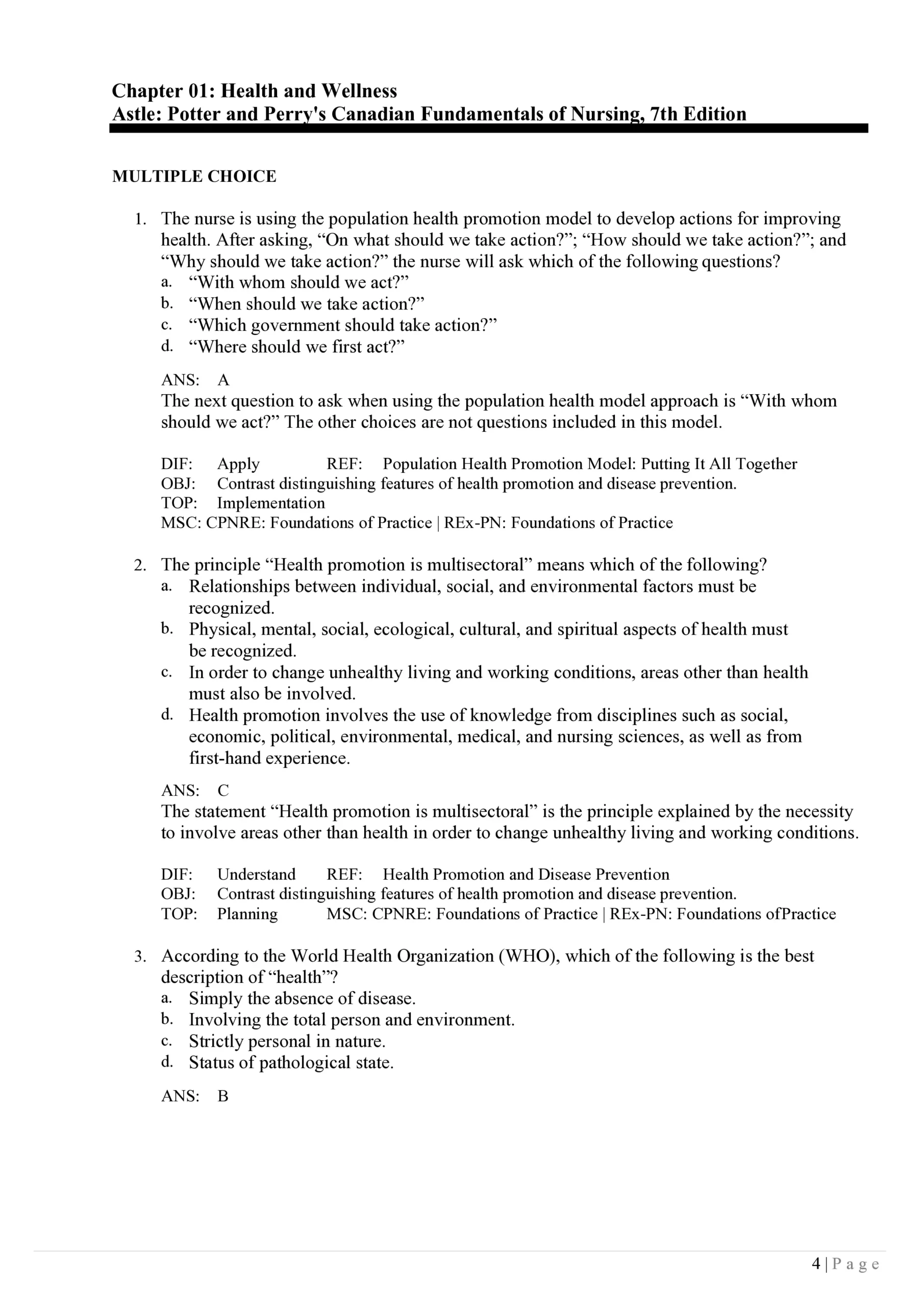 Sample nursing practice questions with rationales from Potter and Perry’s Canadian Fundamentals 7th Edition Test Bank